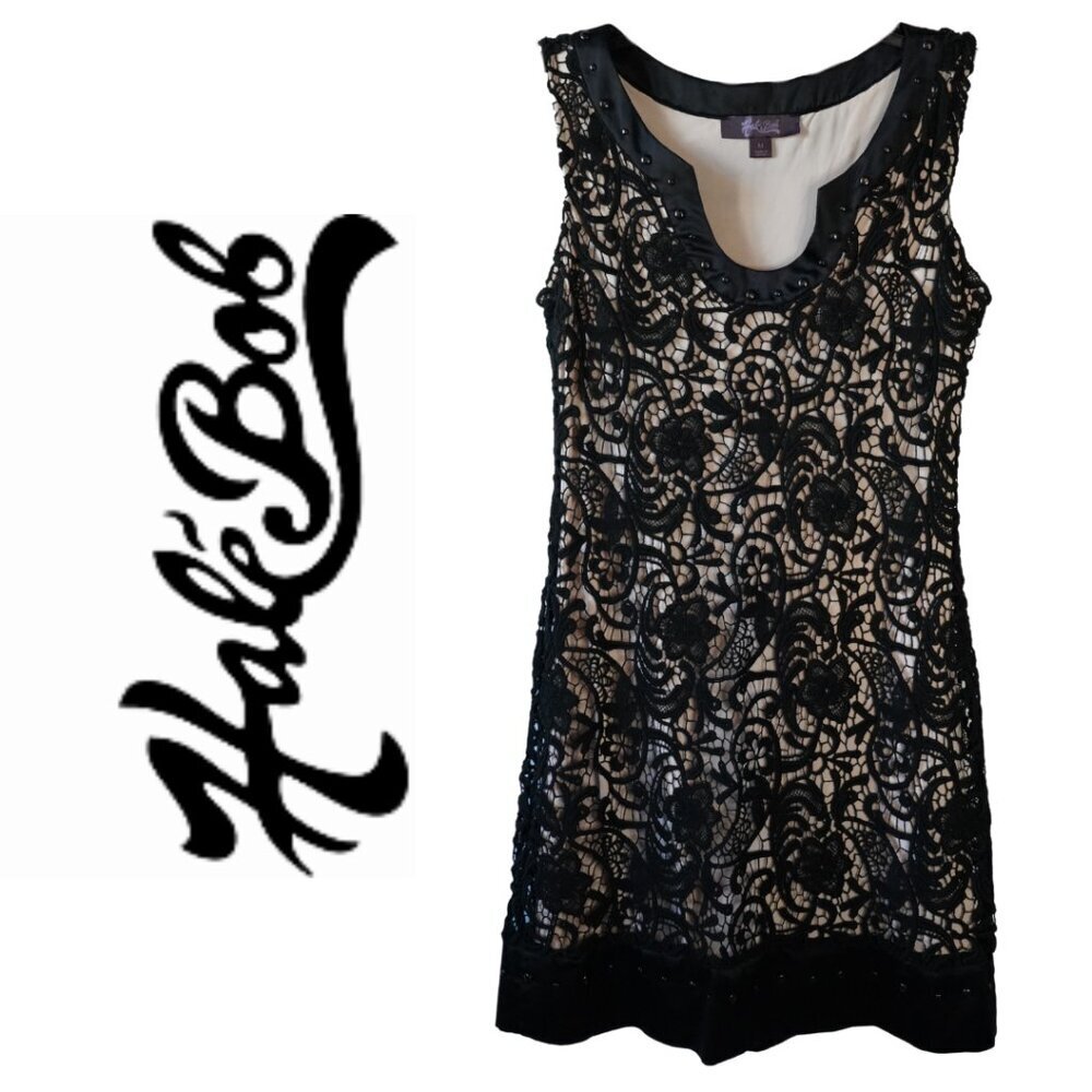 Hale Bob, Studded Guipure Lace Sleeveless‎ Dress, Black, Nude